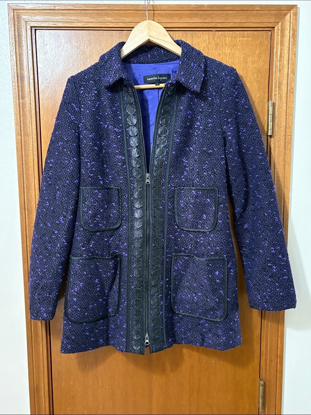 Nanette Lepore Womens Wool Blend Tweed Jacket 4 Purple Pockets zip Classic USA